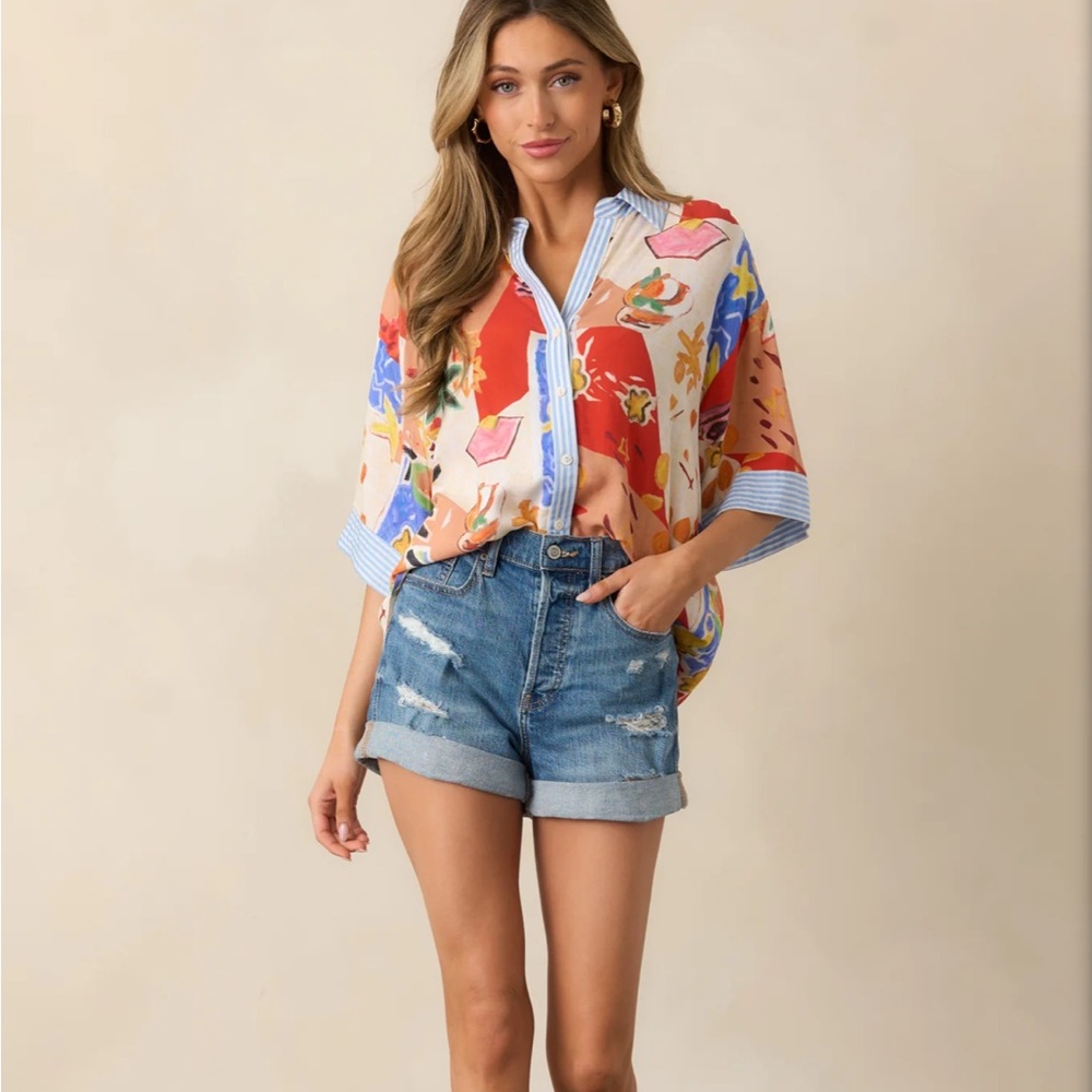 Red Dress Boutique RED MULTI TROPICAL PRINT BUTTON FRONT TOP